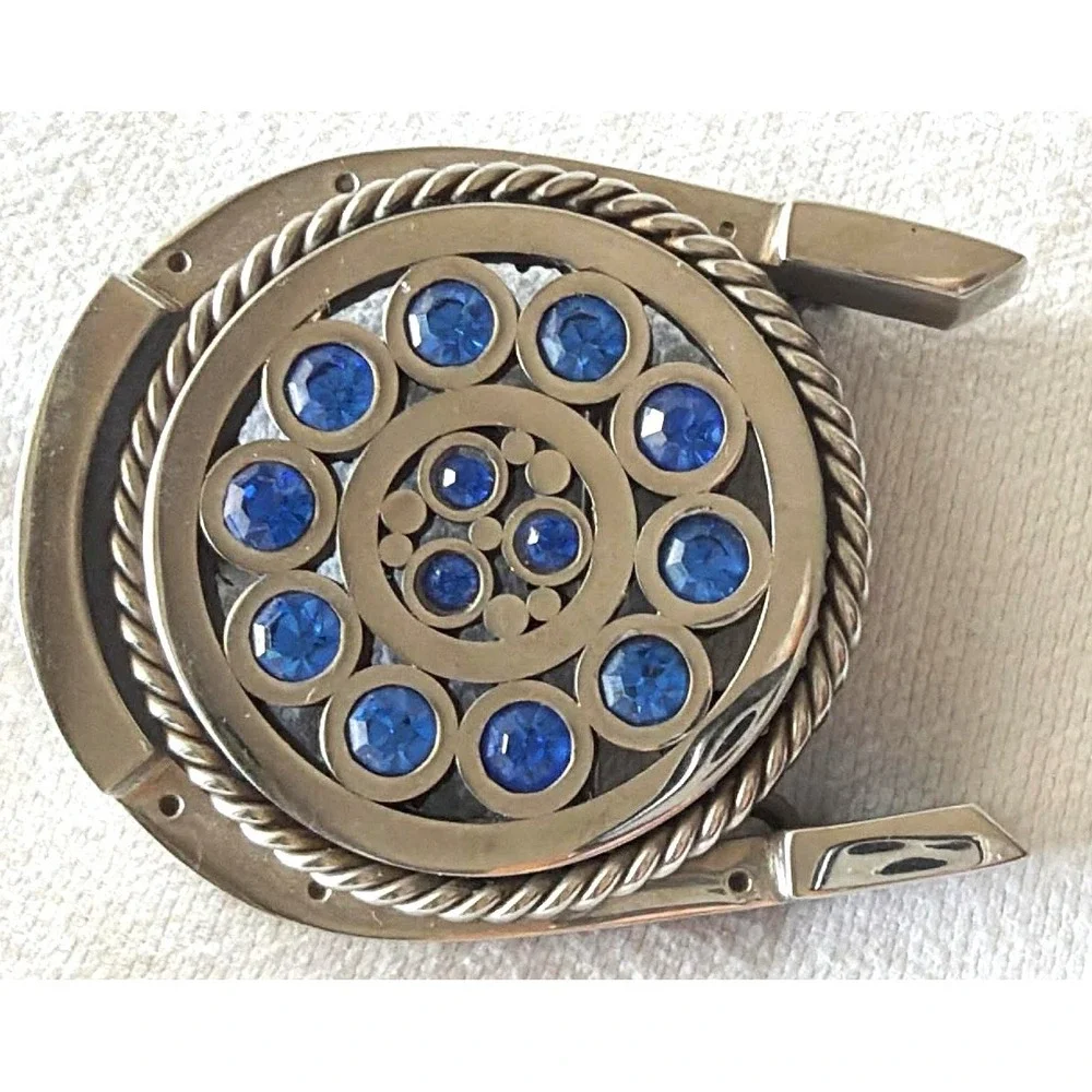 Vintage Artisan Horseshoe Women's Belt Buckle Blue Rhinestone Rodeo Bling